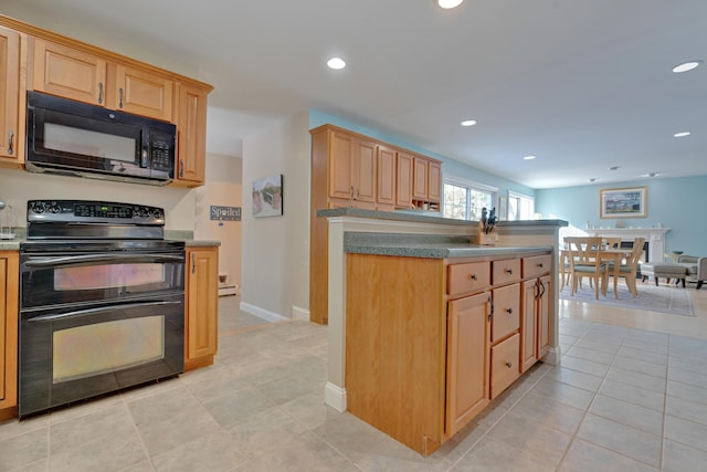 kitchen with recessed lighting, light brown cabinets, black appliances, baseboards, and light tile patterned flooring