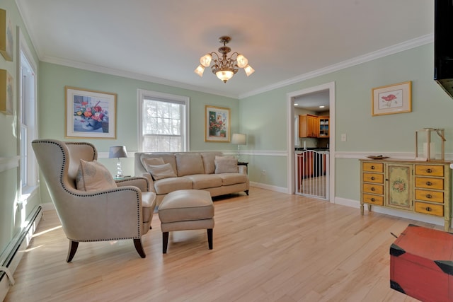 living area with ornamental molding, light wood finished floors, an inviting chandelier, and a baseboard radiator