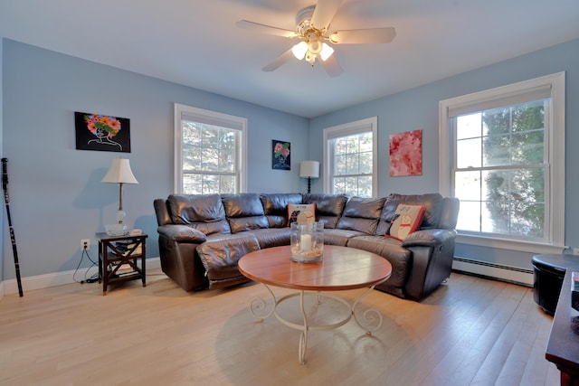 living room with ceiling fan, baseboards, light wood-style floors, and a baseboard radiator