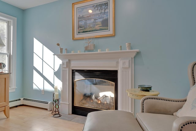 details featuring baseboard heating and wood finished floors
