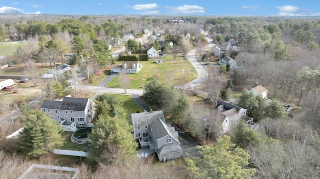 bird's eye view with a wooded view and a residential view