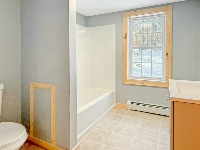 21 Coolidge Rd, Dixfield, ME 04224 - full bathroom with tile patterned floors, a baseboard radiator, baseboards, vanity, and toilet