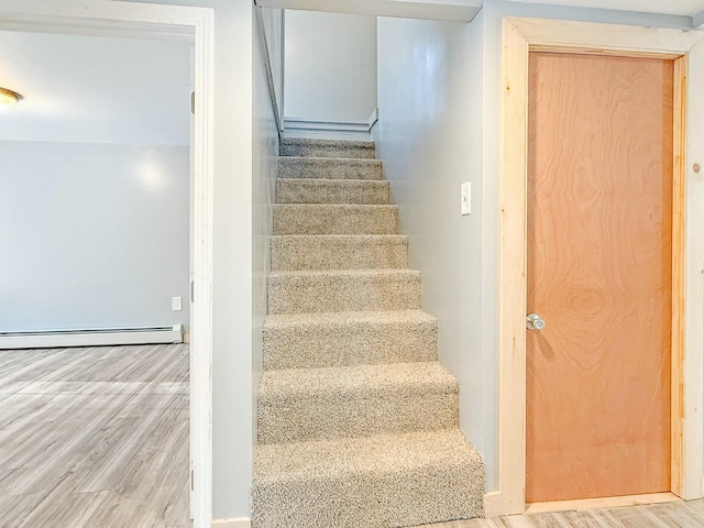 21 Coolidge Rd, Dixfield, ME 04224 - stairs with a baseboard heating unit and wood finished floors