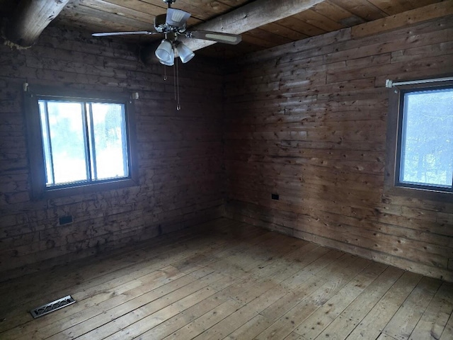 unfurnished room featuring a healthy amount of sunlight, wooden ceiling, ceiling fan, and hardwood / wood-style floors