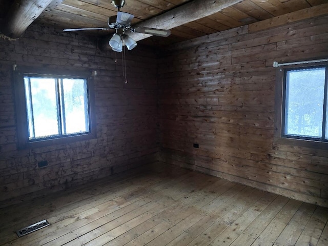 unfurnished room featuring beamed ceiling, a ceiling fan, hardwood / wood-style floors, wooden ceiling, and wood walls