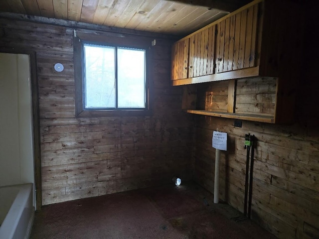 clothes washing area featuring wood ceiling and wood walls