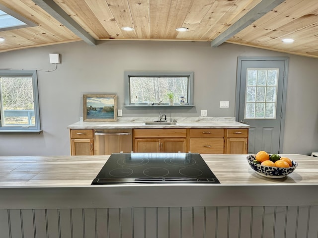 kitchen featuring black electric stovetop, vaulted ceiling with skylight, sink, and dishwasher