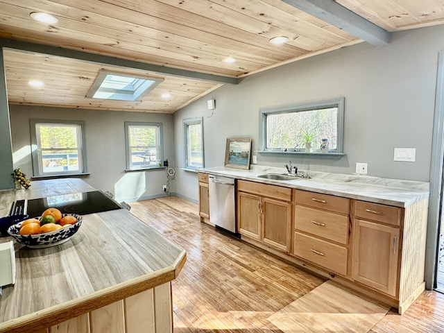 kitchen with sink, wood ceiling, light hardwood / wood-style flooring, lofted ceiling with skylight, and stainless steel dishwasher