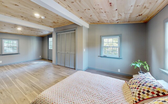 bedroom with lofted ceiling, light hardwood / wood-style floors, multiple windows, and wooden ceiling