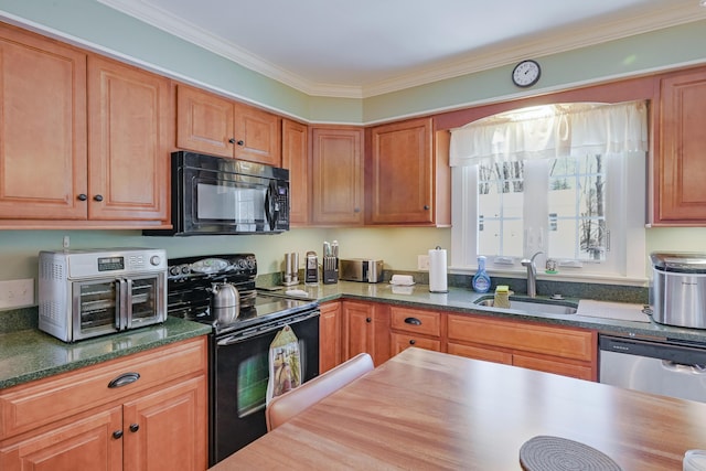 kitchen featuring crown molding, dark stone counters, sink, and black appliances