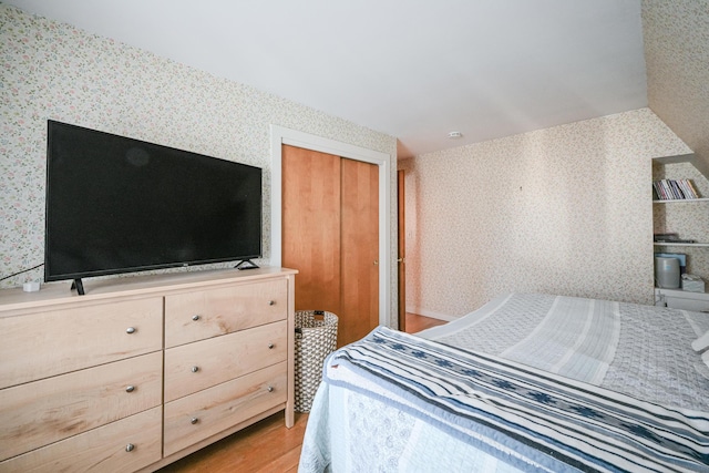 bedroom featuring light wood-type flooring and a closet