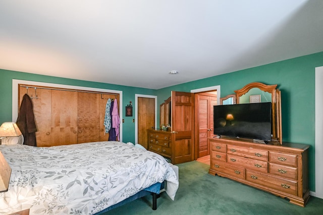 bedroom with two closets and carpet flooring