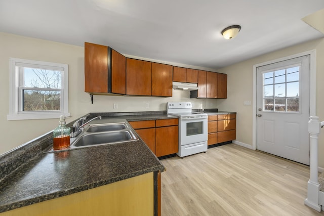 kitchen with light wood-type flooring, a healthy amount of sunlight, sink, and white range with electric stovetop