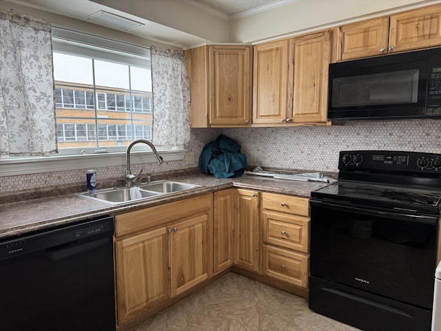 kitchen with ornamental molding, a sink, black appliances, dark countertops, and tasteful backsplash