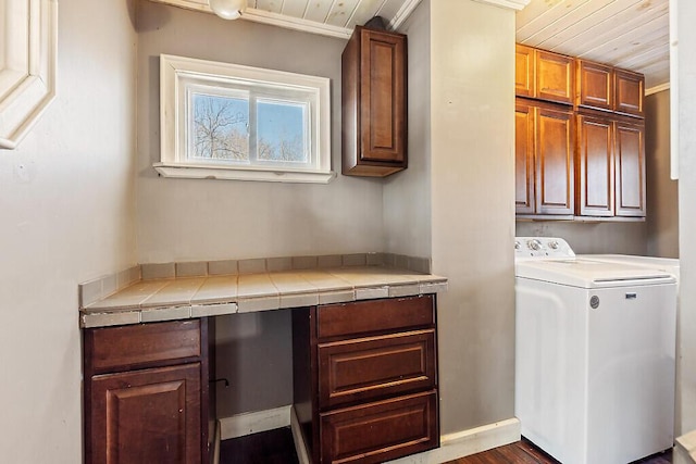 laundry room with washer / dryer, wooden ceiling, and cabinets