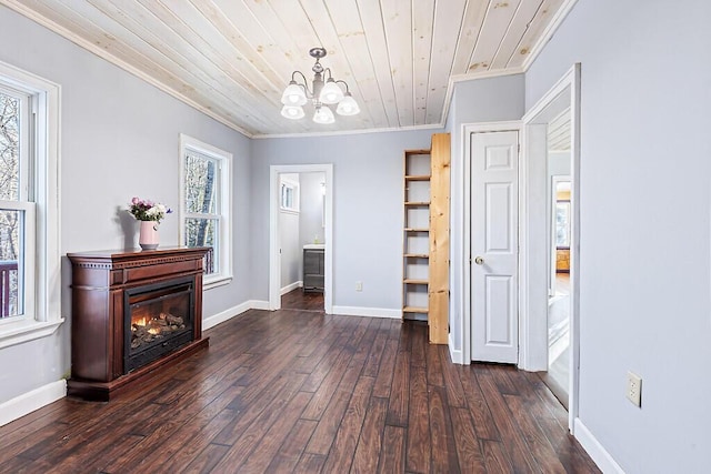 dining space with crown molding, dark wood-type flooring, wooden ceiling, and a chandelier