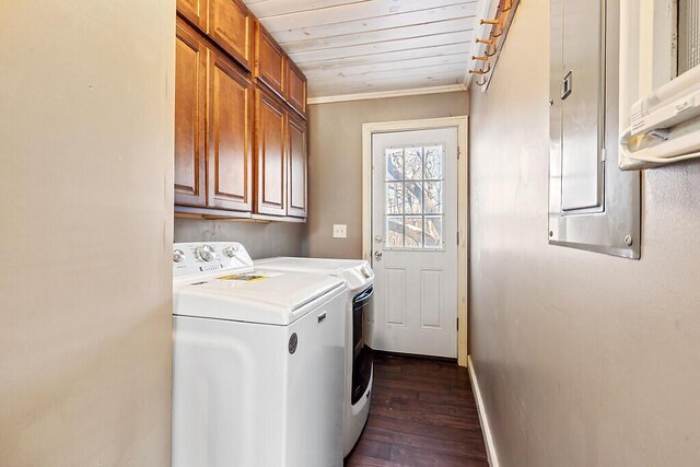 clothes washing area with separate washer and dryer, wood ceiling, dark hardwood / wood-style floors, and cabinets