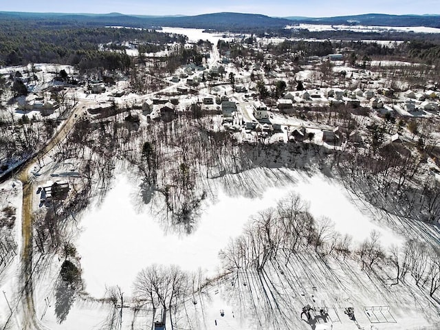 snowy aerial view with a mountain view