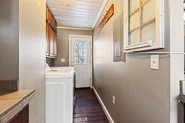 washroom with wood ceiling, washer and clothes dryer, cabinets, ornamental molding, and dark hardwood / wood-style flooring