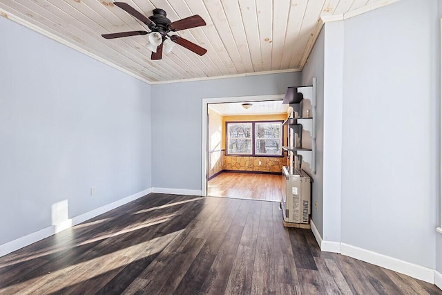 unfurnished room featuring crown molding, wooden ceiling, dark hardwood / wood-style floors, and ceiling fan