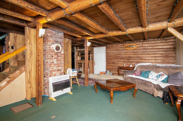 living room featuring heating unit, carpet floors, rustic walls, wood ceiling, and beam ceiling