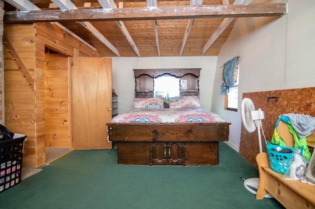 bedroom featuring vaulted ceiling with beams, wooden ceiling, and carpet flooring