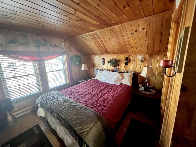 bedroom with lofted ceiling, wooden ceiling, and wooden walls