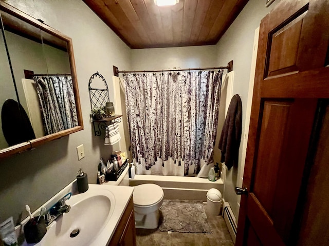 full bathroom with toilet, shower / tub combo, wooden ceiling, baseboard heating, and vanity