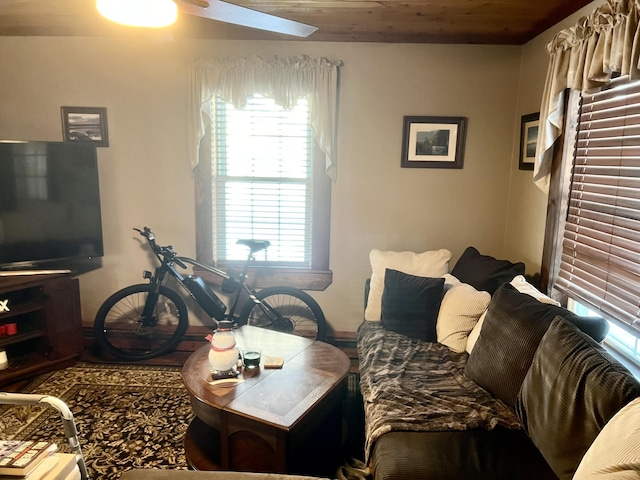 living room with wood ceiling