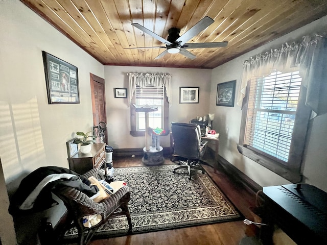 office area with wood-type flooring, wooden ceiling, and ceiling fan