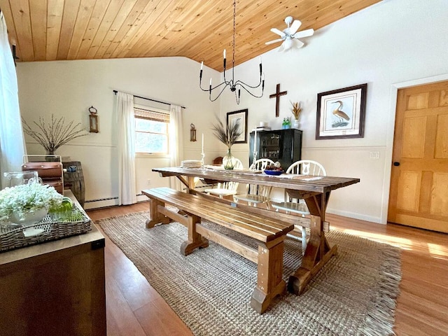 dining space featuring lofted ceiling, a baseboard heating unit, ceiling fan, wood ceiling, and light hardwood / wood-style flooring