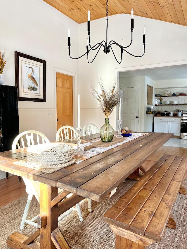 unfurnished dining area with hardwood / wood-style flooring, lofted ceiling, a chandelier, and wood ceiling