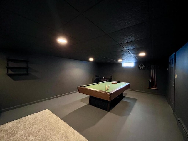 recreation room featuring a baseboard heating unit, pool table, a paneled ceiling, and carpet