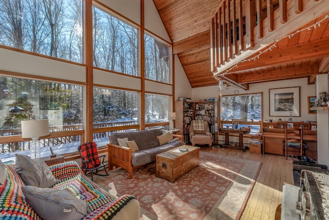 living room featuring high vaulted ceiling, plenty of natural light, wooden ceiling, and light wood-type flooring