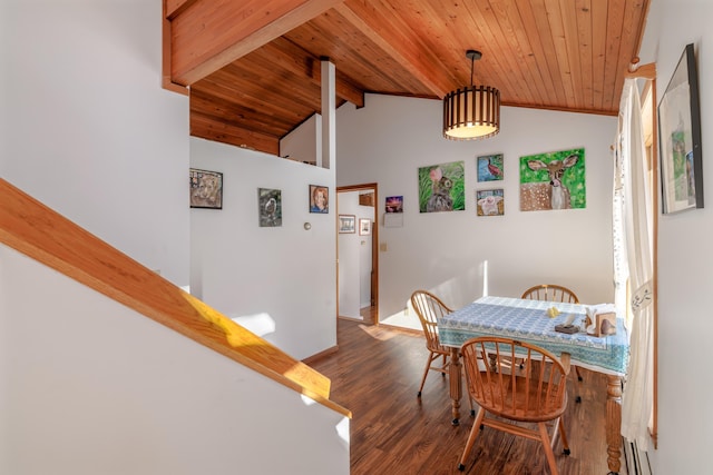 dining space featuring wood ceiling, dark hardwood / wood-style flooring, and vaulted ceiling with beams