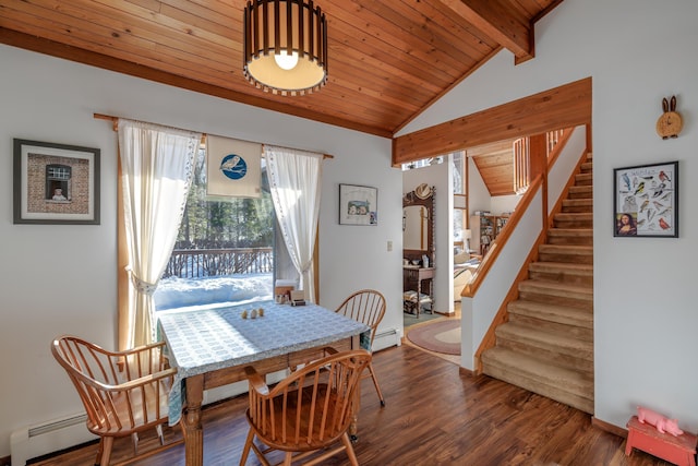 dining area with vaulted ceiling with beams, dark wood-type flooring, wood ceiling, and baseboard heating