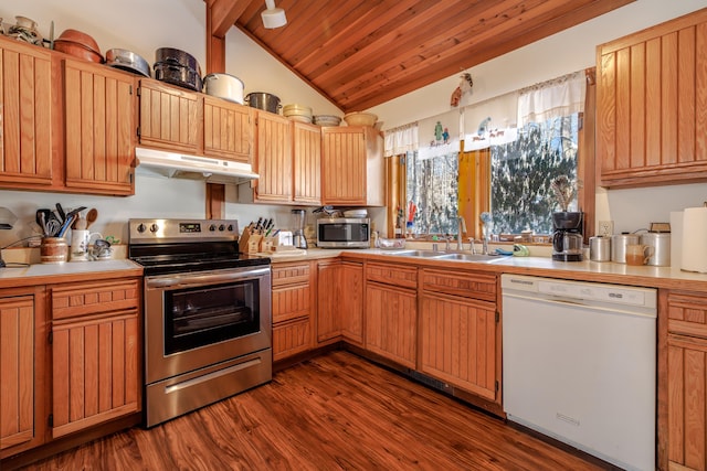 kitchen with lofted ceiling, sink, hanging light fixtures, dark hardwood / wood-style flooring, and stainless steel appliances