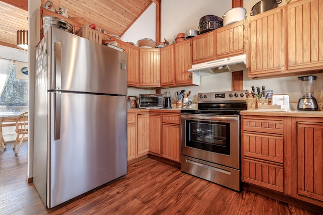 kitchen featuring appliances with stainless steel finishes, dark hardwood / wood-style flooring, vaulted ceiling, and wooden ceiling