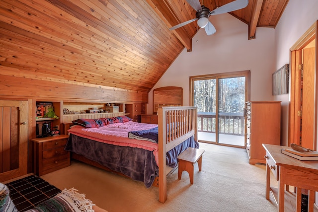 bedroom with beam ceiling, high vaulted ceiling, wooden ceiling, access to outside, and light colored carpet