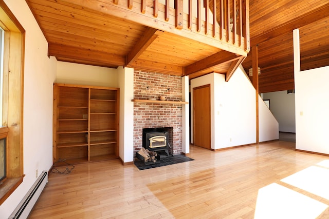 unfurnished living room featuring a baseboard radiator, a wood stove, wooden ceiling, hardwood / wood-style flooring, and beamed ceiling
