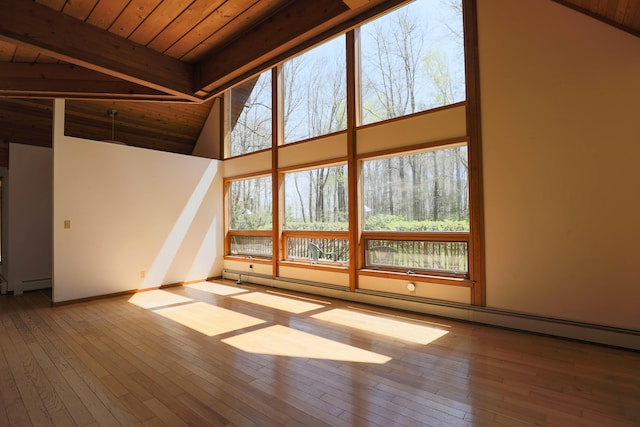 additional living space featuring wooden ceiling, wood-type flooring, high vaulted ceiling, baseboard heating, and beamed ceiling