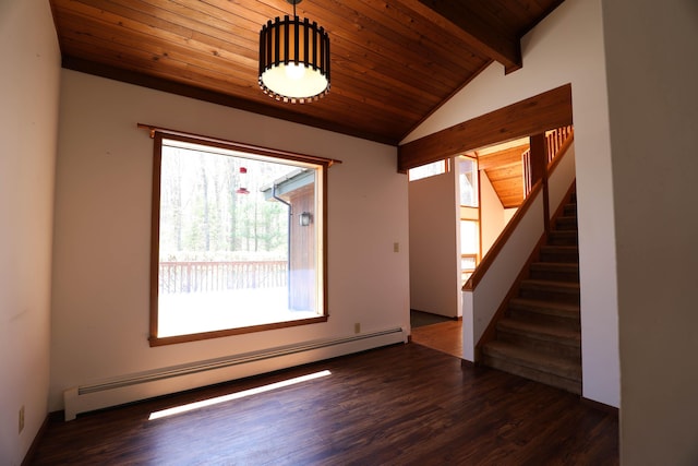 spare room with a baseboard heating unit, stairs, wood finished floors, and wooden ceiling