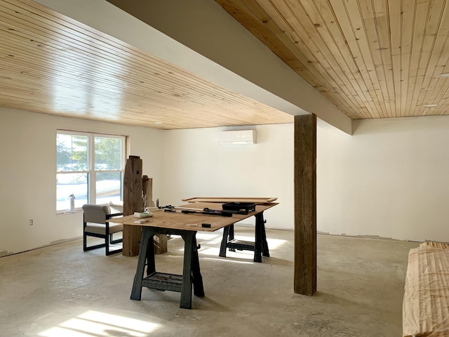 dining area with wooden ceiling and a wall mounted AC