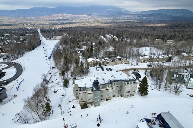 snowy aerial view with a mountain view