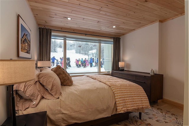 bedroom with ornamental molding, access to exterior, and wood ceiling