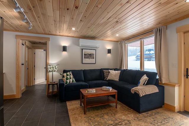 tiled living room featuring track lighting, a wall unit AC, and wooden ceiling