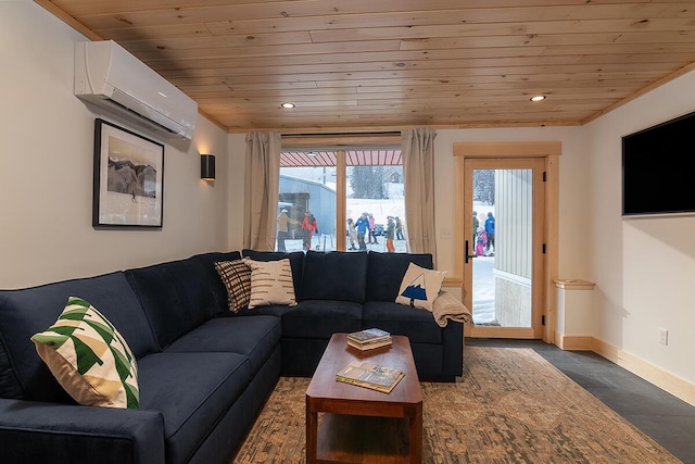 living room featuring a wall mounted air conditioner and wooden ceiling