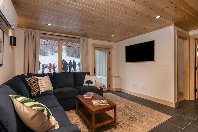 tiled living room featuring wood ceiling, ornamental molding, and a wall mounted AC