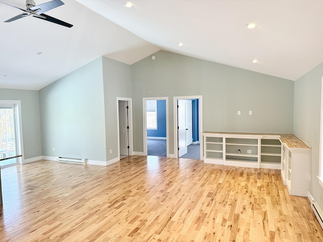 unfurnished living room featuring a baseboard heating unit, light wood-style floors, baseboards, and a ceiling fan