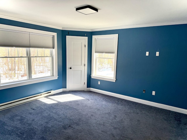 unfurnished room featuring carpet floors, a baseboard radiator, ornamental molding, and baseboards